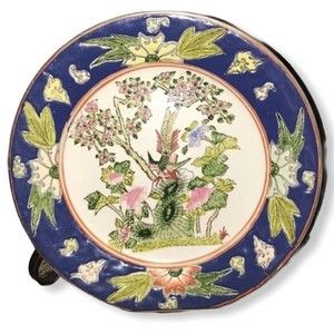 Vintage Oriental Porcelain Enamel Plate Blue Macau Qing Tungzhi mid century,